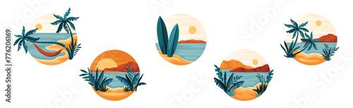 Tropical Landscape with Palm Tree and Sandy Shore Vector Set