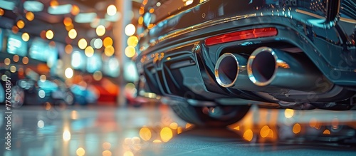 Close up of the rear view tail light and exhaust pipe on an elegant black car in a high end showroom, with a bokeh background and other cars. photo