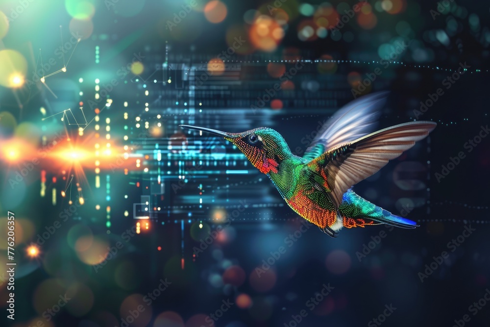 Fototapeta premium Flying hummingbird with futuristic data transmission background