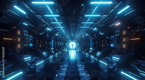 A futuristic spaceship corridor with blue neon lights, high resolution cinematography in the style of sci-fi films