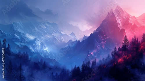 A dreamy landscape where glowing tech lines meet mountain mist, painting a fantasy with galaxy colors photo