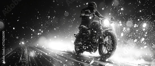 Motorcycle rider on the road in the snowfall