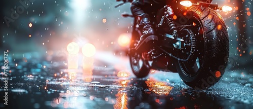 Motorcyclist riding a motorcycle on a wet road in the rain