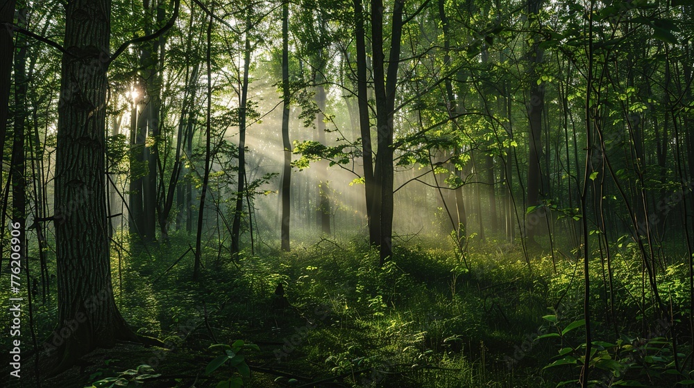 Fototapeta premium An awesome view of the forest in the morning. Sunlight penetrates the interior of the forest through the trees. Green forest in the background.