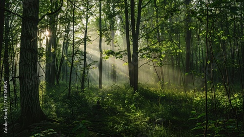 An awesome view of the forest in the morning. Sunlight penetrates the interior of the forest through the trees. Green forest in the background.