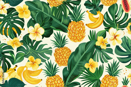Tropical fruits and flowers on a vibrant background