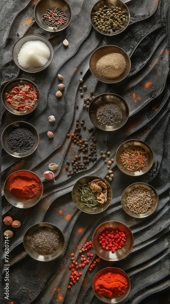Assorted Organic Spices in Bowls on Dark Textured Background