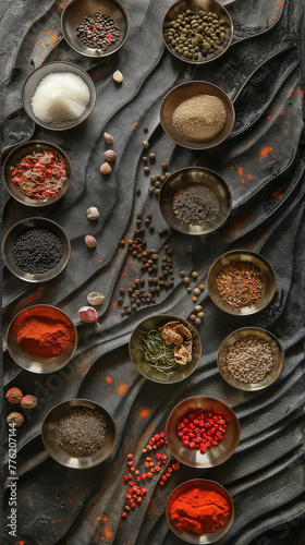 Assorted Organic Spices in Bowls on Dark Textured Background