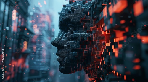 A geometric, voxel-based human head in 4K, offering a futuristic angle for digital marketing and tech designs #776207145