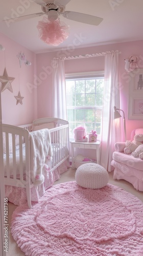Girl s room  room for a little girl with toys  bed and table in pink colors