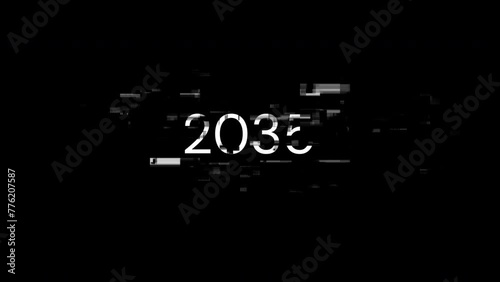 2035 text with screen effects of technological failures. Spectacular screen glitch with various kinds of interference. Looped