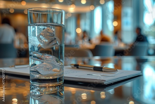 Glass of Water and Pen on a Reflective Table During a Meeting