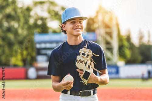 Photography Young teen boy play baseball on a playground