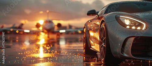 close up of supercar parked on wet tarmac with an private jet blurred in the background © Izzuddin