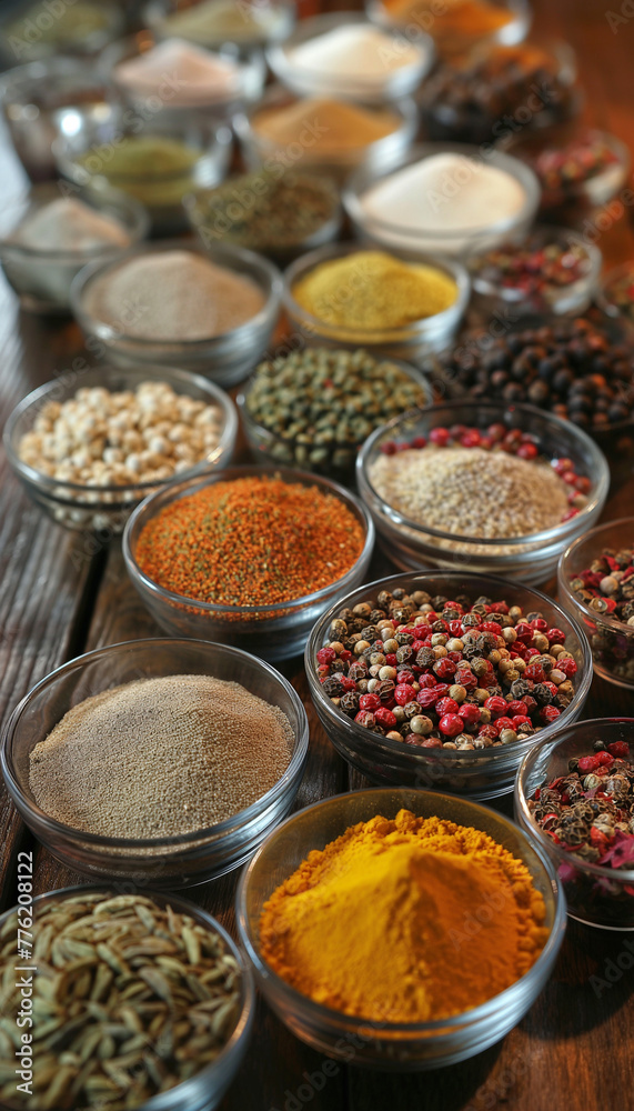 Assortment of Colorful Spices in Bowls on Wooden Table