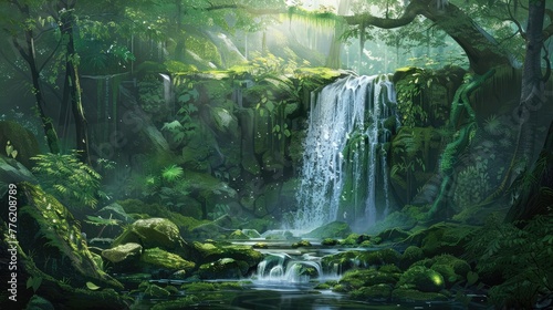 A hidden waterfall cascading down moss-covered rocks, its soothing sounds echoing through the tranquil forest. © sania