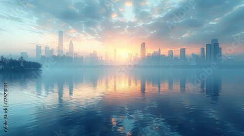 Serene sunrise casting a soft glow over a misty city skyline and its reflection in calm water.