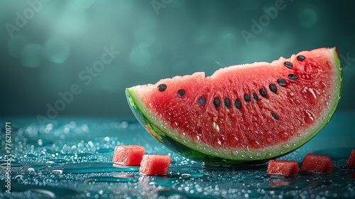 A juicy slice of watermelon with droplets of water rests on a glistening wet surface, with a vibrant teal background. photo