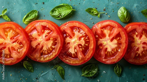 Ripe red tomato slices arranged in a row on a blue surface, garnished with fresh green basil leaves and specks of herbs and spices.