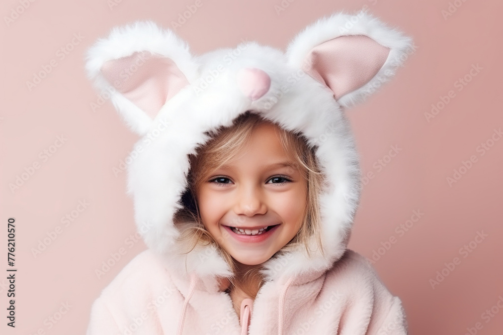 Cute Young girl Dressed as a Bunny for Halloween on an Pink Banner with Space for Copy Cute Young girl Dressed as a Bunny for Halloween on an Pink Banner with Space for Copy
