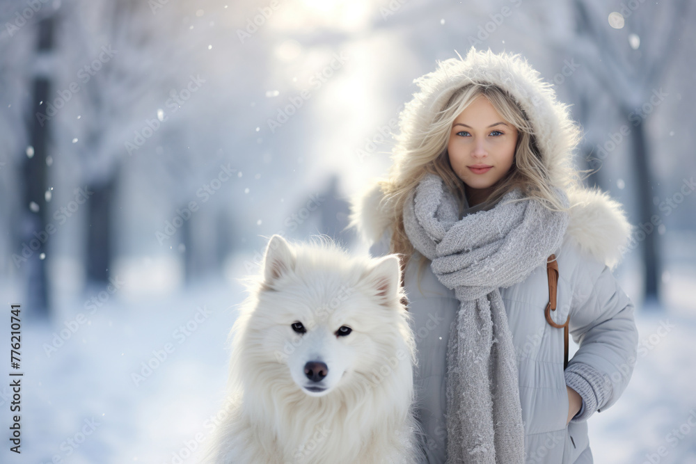 Girl in white walking with her white dog in winter park Girl in white walking with her white dog in winter park