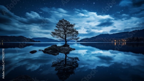 Night sky reflection on calm lake with silhouette of tree