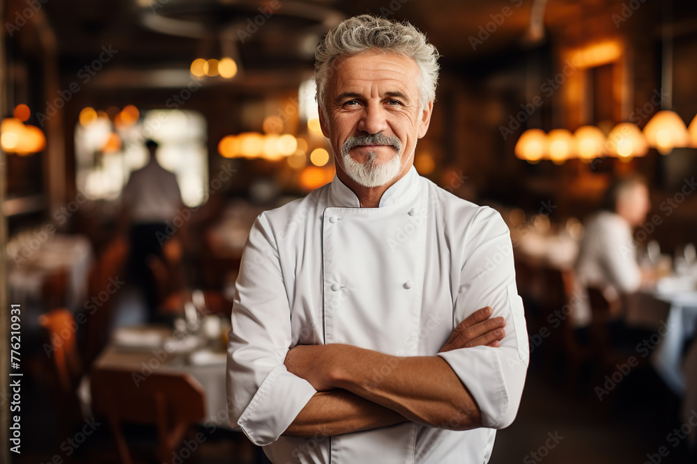 Portrait of confident mature male chef standing with arms crossed in restaurant Portrait of confident mature male chef standing with arms crossed in restaurant