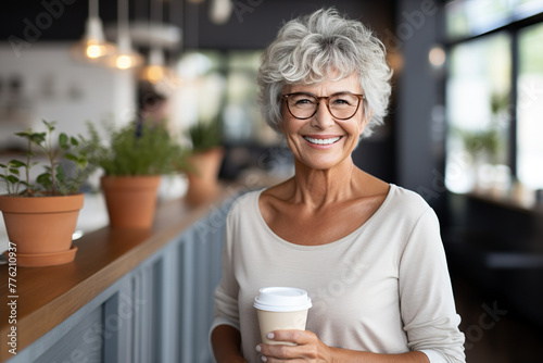 Portrait of smiling senior woman holding coffee to go in fitness studio