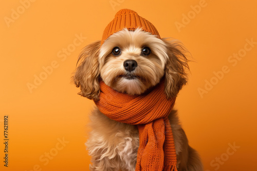 Cute Doodle Dog Dressed in a Autumn /Fall Scarf and Hat on an Orange Background with Space for Copy