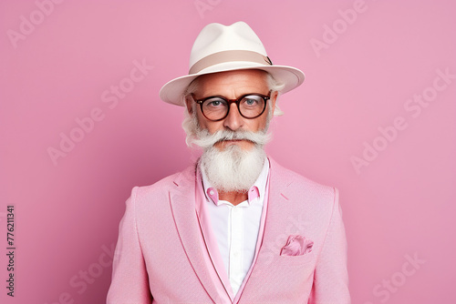 60 year old fashionable hipster man portrait on bright pink background photo