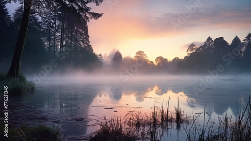 Beautiful lake with mist rising and dawn light