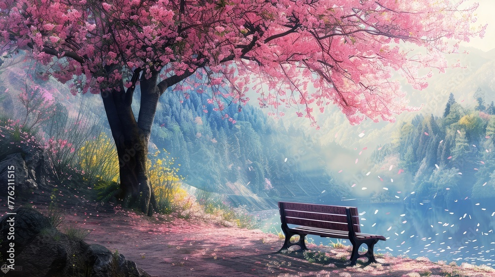 A lone bench nestled beneath the colorful canopy of a cherry blossom tree, a peaceful retreat from the world.