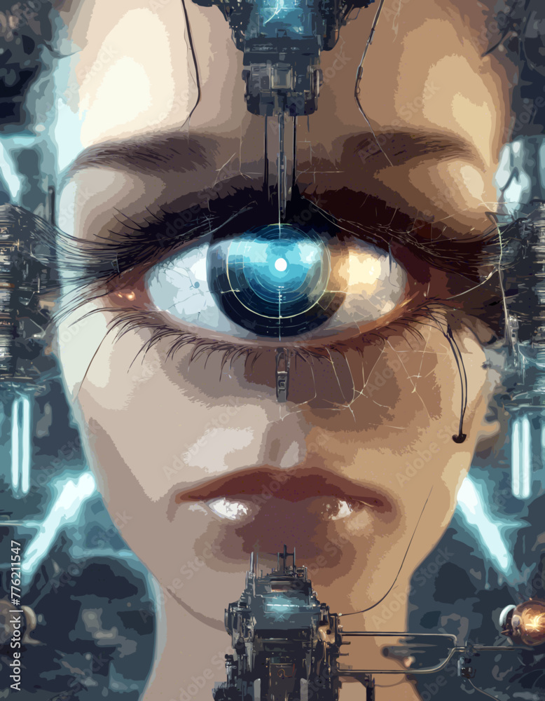 Ein Augapfel transformiert zu interaktiver, futuristischer Technologie. Weiterentwichlung menschlicher Organe mit ultramoderner Technologie.
