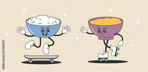 Cartoon character bowl rice meets girlfriend bowl of noodles. Retro Groovy style. Vector illustration of EPS10.
