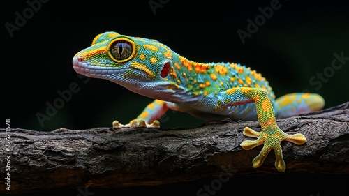 Colorful gecko lizard, gecko lizard on a thick tree branch, 100% black studio background