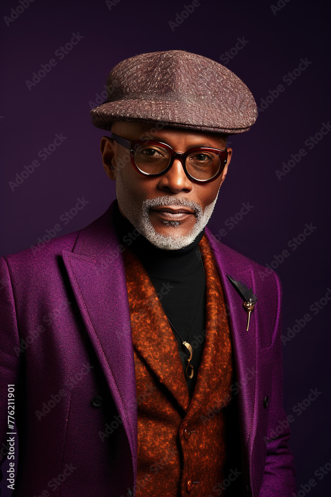 60 year old fashionable hipster African American man portrait on purple background 60 year old fashionable hipster African American man portrait on purple background