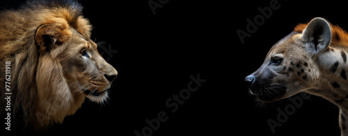 Lion and hyena confronting each other interacting at a distance of 5 meters photo