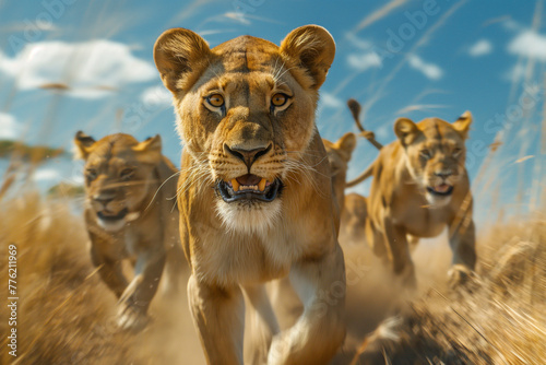 Lions on the African continent running towards the camera at a very high speed