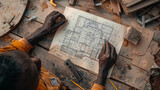 Drawing a blueprint top view. carpenter's african-american man hands lie on a paper plan in a wooden table.