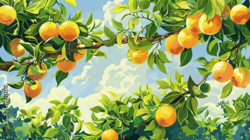 A detailed illustration of a juicy citrus grove with lemons and oranges heavy on the branches photo