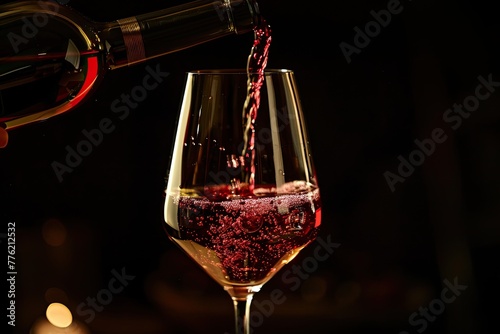 A glass of juicy red wine being poured capturing the rich color and anticipation of the first sip photo
