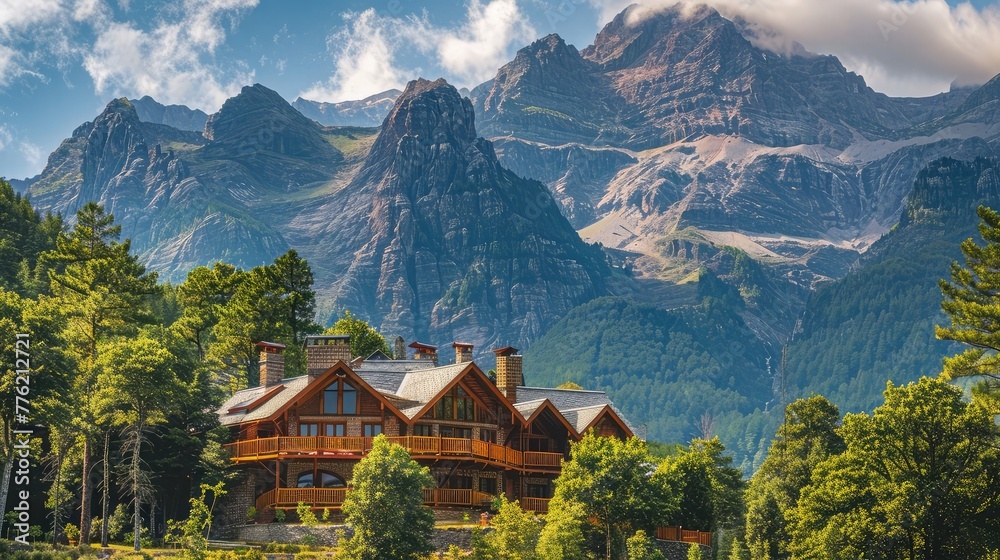 A majestic mountain lodge nestled amidst towering peaks and alpine forests, its rustic architecture and cozy interiors offering a warm retreat for weary travelers.