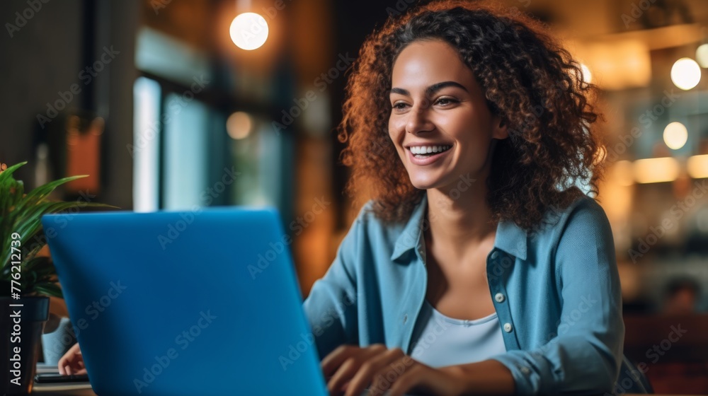 A Smiling Woman with Laptop - obrazy, fototapety, plakaty 