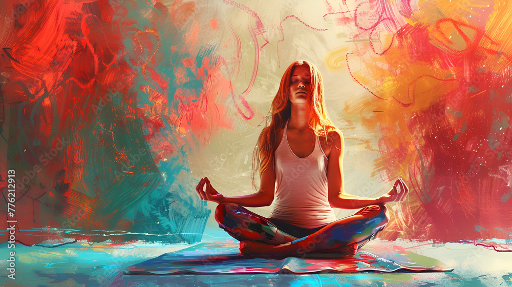 Artistic Style Painting Drawing of A Beautiful Girl Practicing Yoga Aspect 16:9