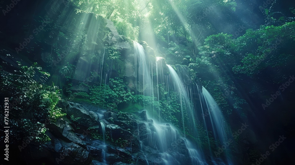 A majestic waterfall cascading down a rocky cliff, surrounded by lush greenery and bathed in soft, ethereal light.