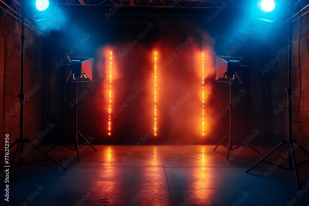Dynamic stage setting with intense stage lights cutting through the smoky ambiance