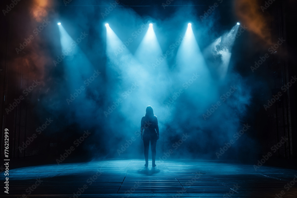 A dramatic image of a lone figure standing under intense blue stage lights with atmospheric fog and a sense of anticipation A dramatic image of a lone figure standing under intense blue stage lights with atmospheric fog and a sense of anticipation