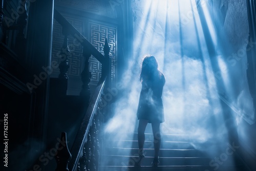 A woman climbs a grand staircase, enveloped in mystical beams of light in an imposing architectural setting
