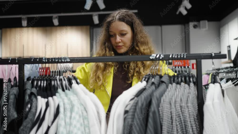 Focused shopper woman in a yellow jacket examines a patterned garment on a hanger among a variety of clothing options in a stylish boutique. A woman chooses a blouse at a clothing store, shopping at a Focused shopper woman in a yellow jacket examines a patterned garment on a hanger among a variety of clothing options in a stylish boutique. A woman chooses a blouse at a clothing store, shopping at a