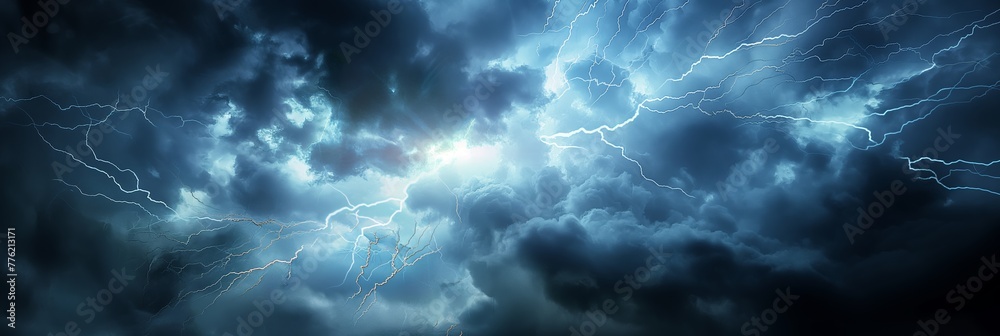 An impressive panorama of dark storm clouds with bright, branching lightning bolts illuminating the sky